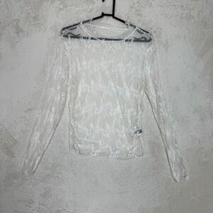 Sheer Cream Floral Lace Mesh Long Sleeve Top Fairy Grunge Y2K Layering XL